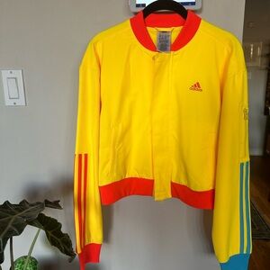 Adidas Bright Yellow with Orange and Blue Stripes Cropped Jacket Bomber